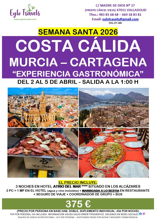 Oferta Viaje Semana Santa 2026 Costa Cálida Murcia Mariscada a Lo Bestia