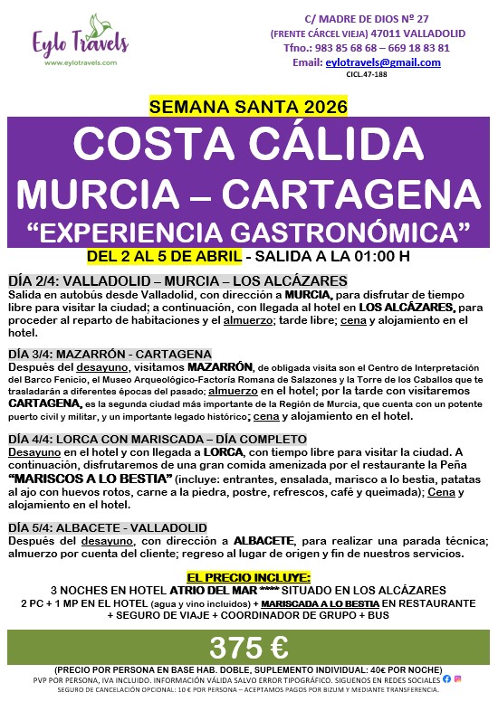 Oferta Viaje Semana Santa 2026 Costa Cálida Murcia Mariscada a Lo Bestia
