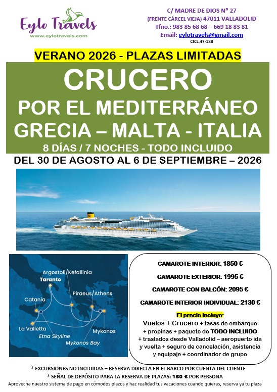 Crucero Todo Incluido 8 Días / 7 Noches: Grecia, Malta e Italia