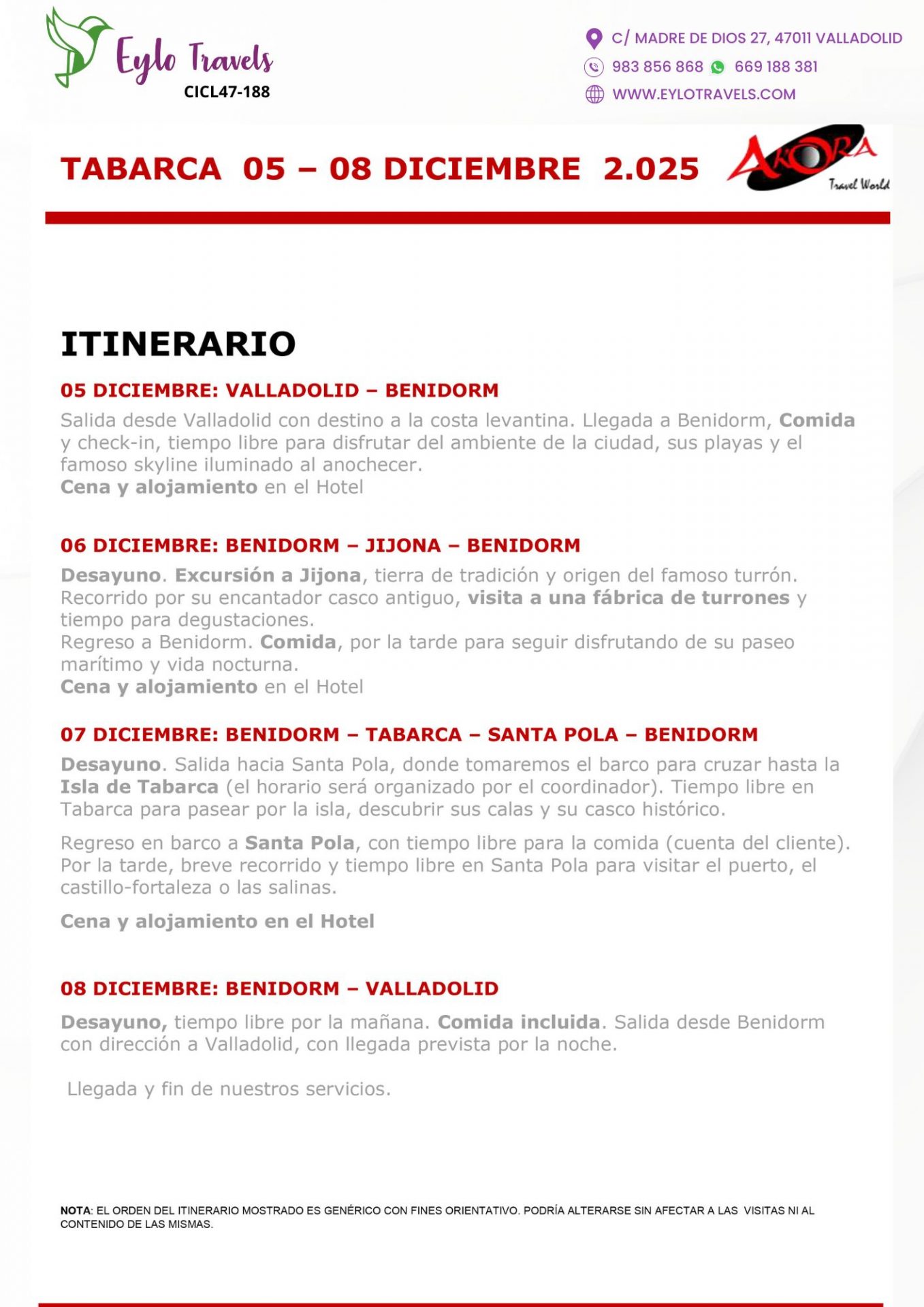 Tabarca Valladolid Benidorm Diciembre Autocar
