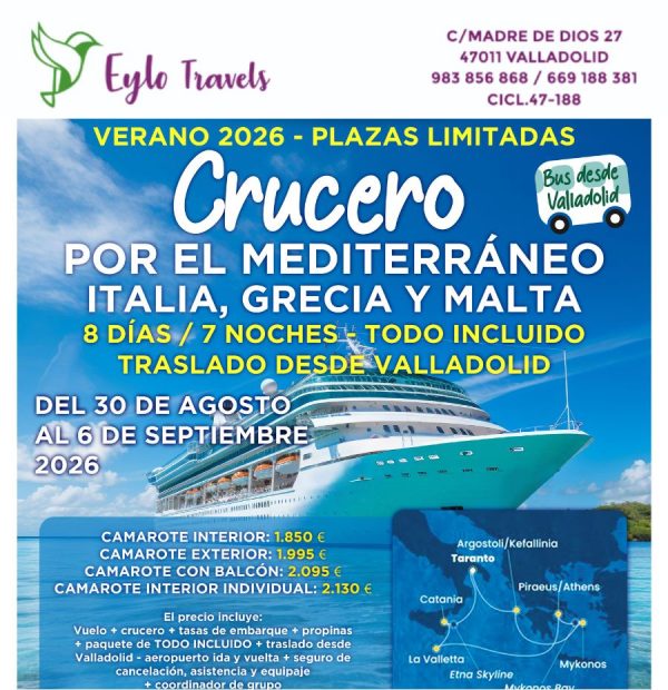 Crucero Todo Incluido 8 Días / 7 Noches: Grecia, Malta e Italia