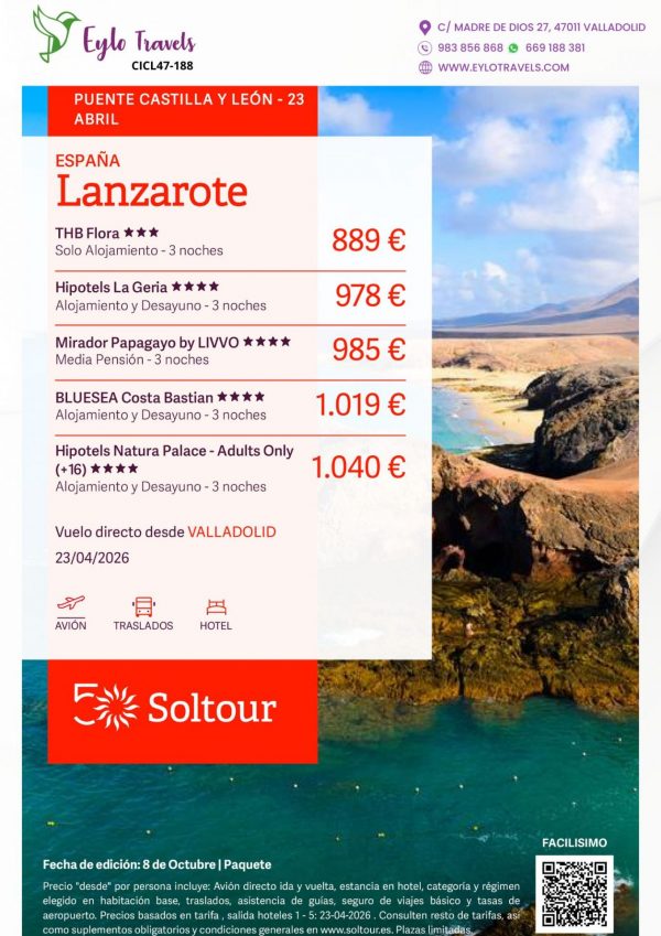 Oferta de viaje a Lanzarote con vuelo directo desde Valladolid 23 abril 2026