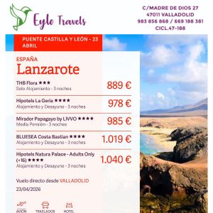 Oferta de viaje a Lanzarote con vuelo directo desde Valladolid 23 abril 2026