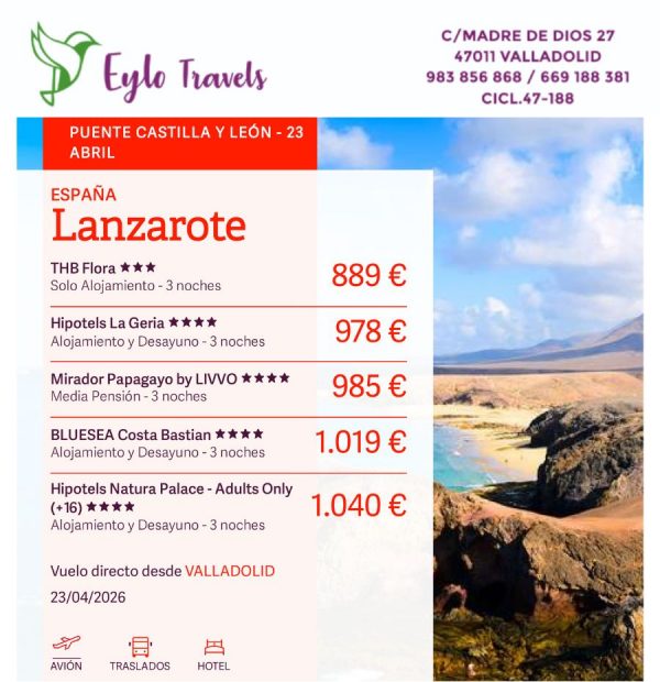 Oferta de viaje a Lanzarote con vuelo directo desde Valladolid 23 abril 2026