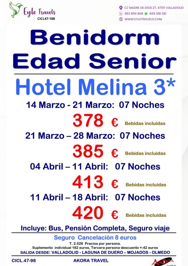 oferta benidorm edad senior hotel melina marzo abril 2026