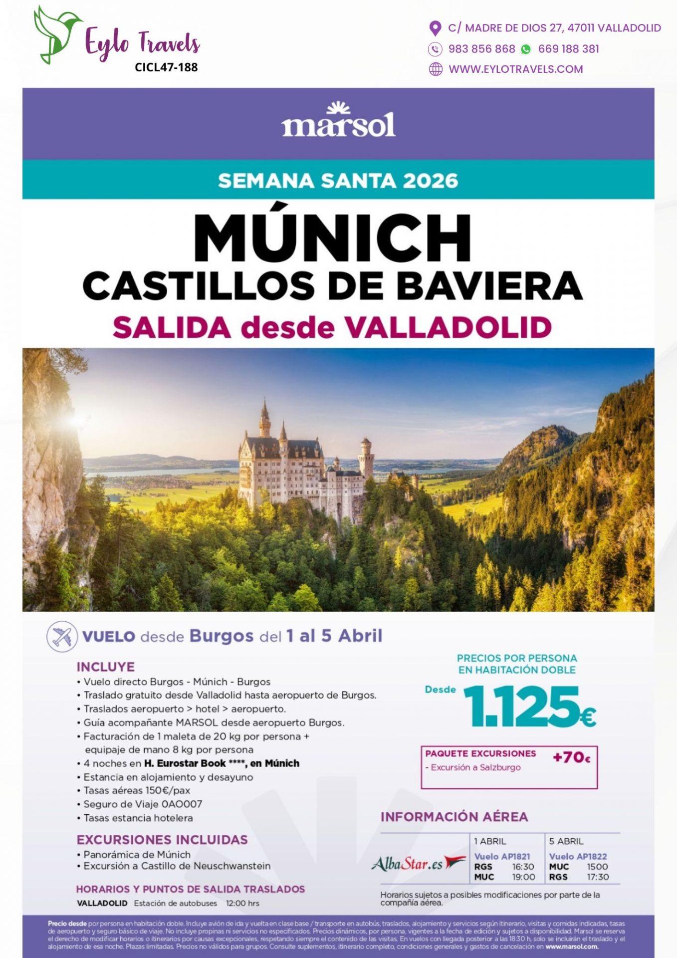 Escapada Semana Santa 2026, Vuelo Múnich Valladolid, Neuschwanstein tour, Viajes Marsol Baviera.