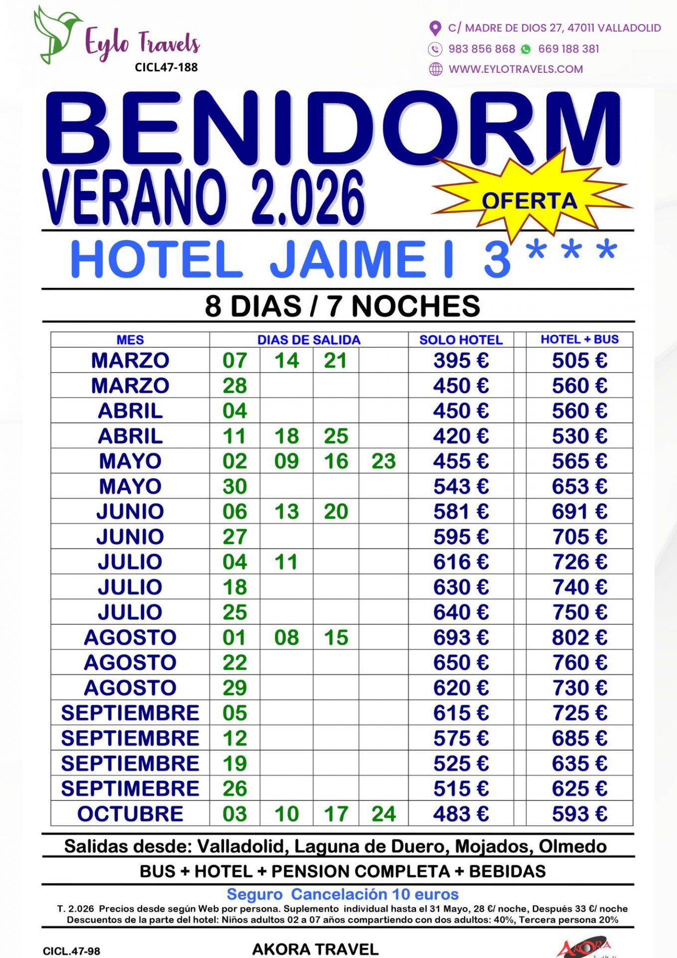 Oferta de viaje 8 días 7 noches Benidorm verano 2026 Hotel Jaime I 3 estrellas con bus y pensión completa