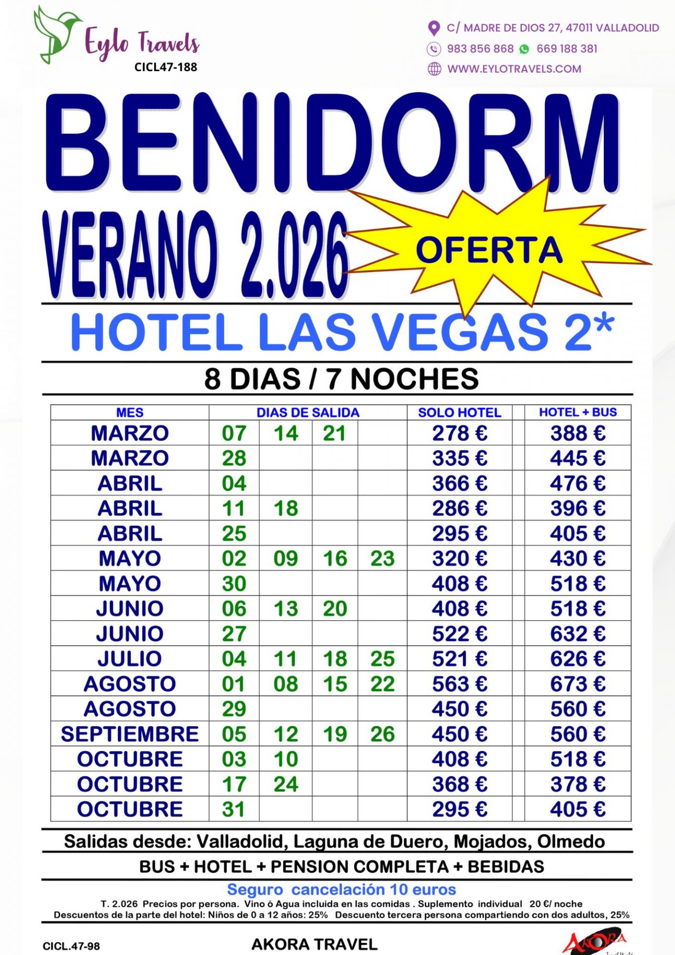 Oferta de viaje a Benidorm Verano 2026, 8 días / 7 noches en el Hotel Las Vegas con Pensión Completa y Bus