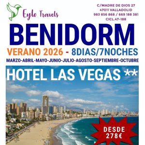 Oferta de viaje a Benidorm Verano 2026, 8 días / 7 noches en el Hotel Las Vegas con Pensión Completa y Bus