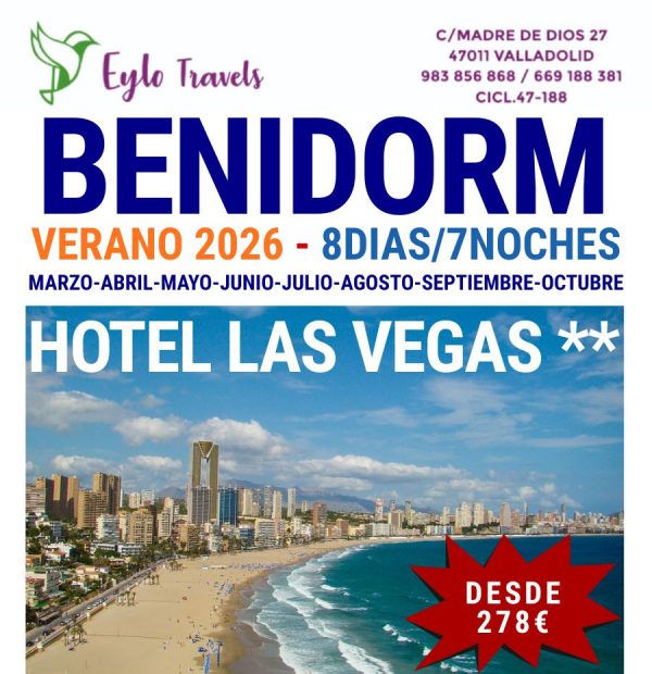 Oferta de viaje a Benidorm Verano 2026, 8 días / 7 noches en el Hotel Las Vegas con Pensión Completa y Bus