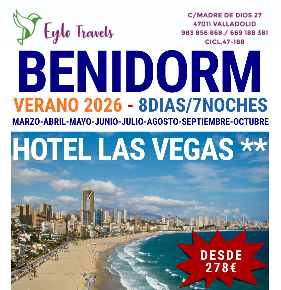 Oferta de viaje a Benidorm Verano 2026, 8 días / 7 noches en el Hotel Las Vegas con Pensión Completa y Bus