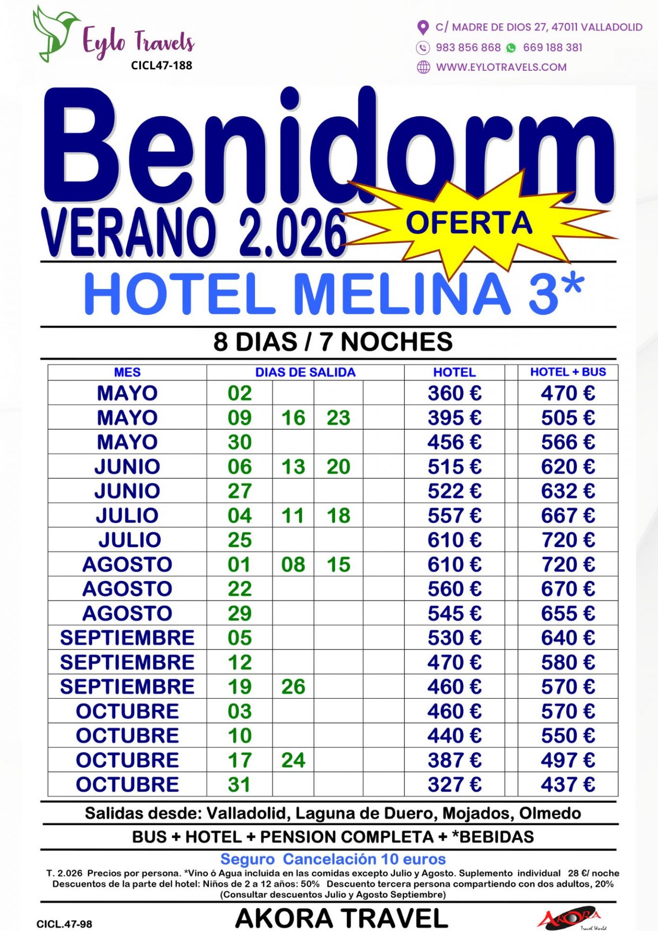 Oferta Benidorm Verano 2026 Hotel Melina 3 Estrellas Pensión Completa