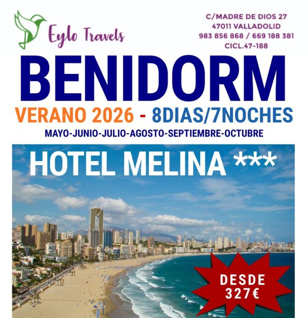 Oferta Benidorm Verano 2026 Hotel Melina 3 Estrellas Pensión Completa
