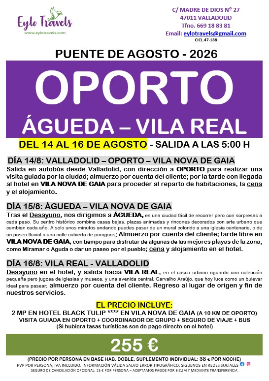 Cartel viaje Oporto Águeda Vila Real Puente de Agosto Eylo Travels