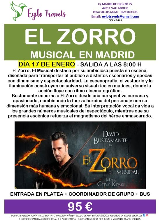 Cartel oficial del viaje organizado al musical El Zorro en Madrid con David Bustamante - Eylo Travels